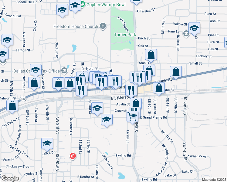 map of restaurants, bars, coffee shops, grocery stores, and more near 505 East Main Street in Grand Prairie
