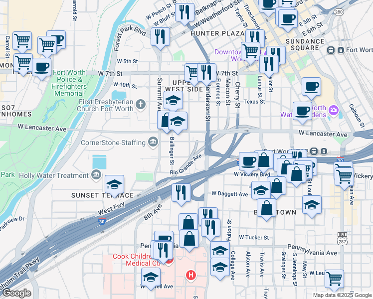 map of restaurants, bars, coffee shops, grocery stores, and more near 1320 Lake Street in Fort Worth