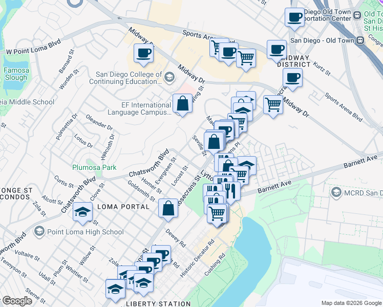 map of restaurants, bars, coffee shops, grocery stores, and more near 3111 Shadowlawn Street in San Diego