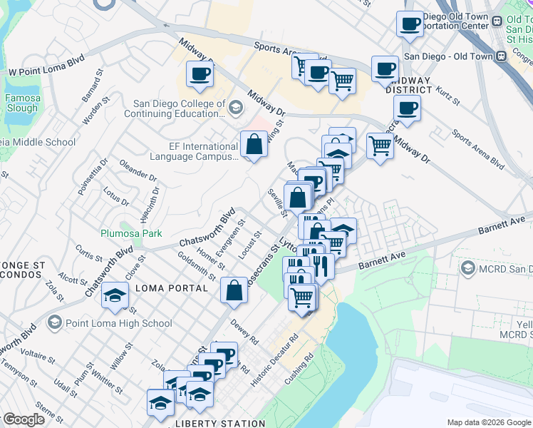 map of restaurants, bars, coffee shops, grocery stores, and more near 3111 Shadowlawn Street in San Diego