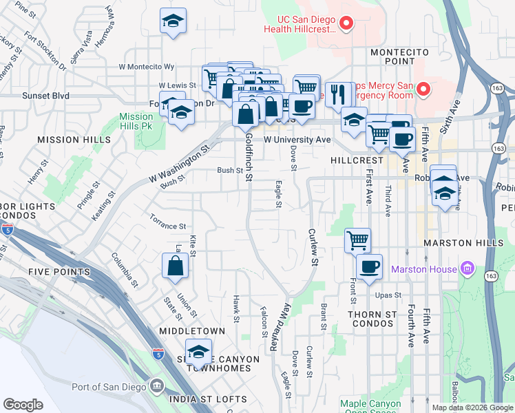 map of restaurants, bars, coffee shops, grocery stores, and more near 825 West Pennsylvania Avenue in San Diego