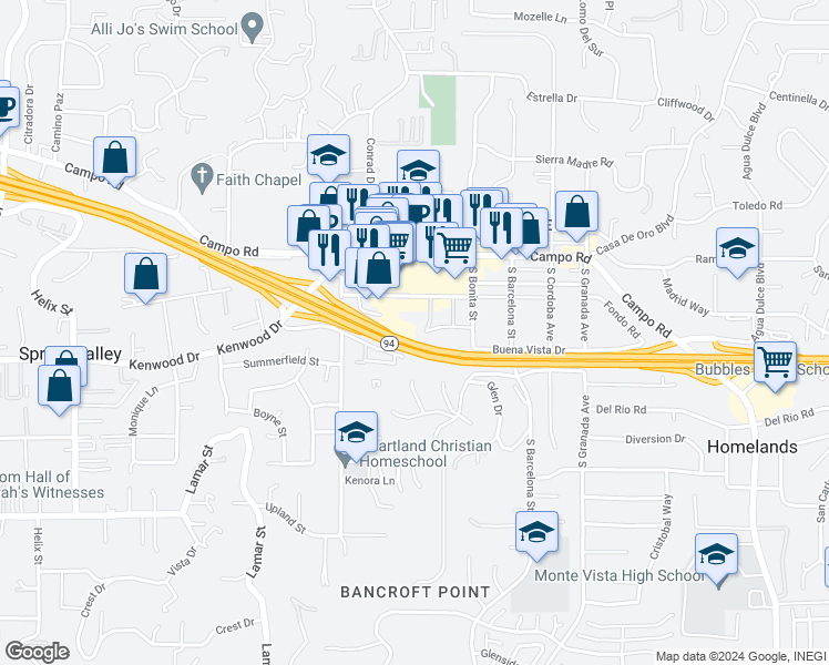 map of restaurants, bars, coffee shops, grocery stores, and more near 9829 Dale Avenue in Spring Valley
