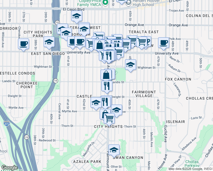 map of restaurants, bars, coffee shops, grocery stores, and more near 3645 Fairmount Avenue in San Diego