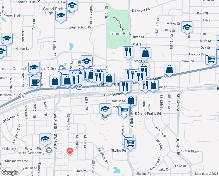 map of restaurants, bars, coffee shops, grocery stores, and more near 505 East Main Street in Grand Prairie