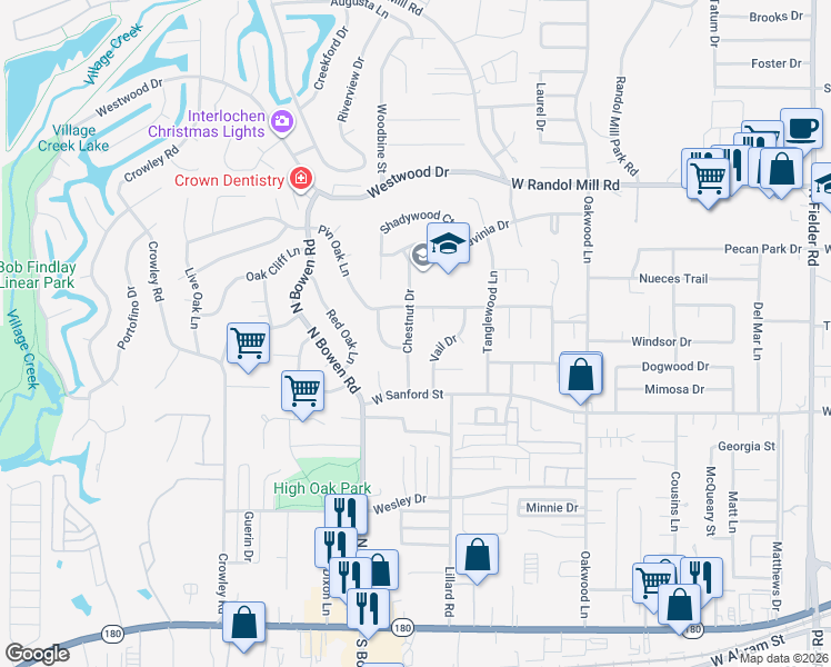 map of restaurants, bars, coffee shops, grocery stores, and more near 440 North Bowen Road in Arlington