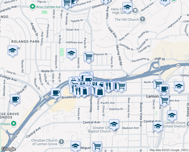 map of restaurants, bars, coffee shops, grocery stores, and more near 3680 Vista Avenue in La Mesa