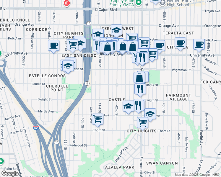 map of restaurants, bars, coffee shops, grocery stores, and more near 3648 42nd Street in San Diego