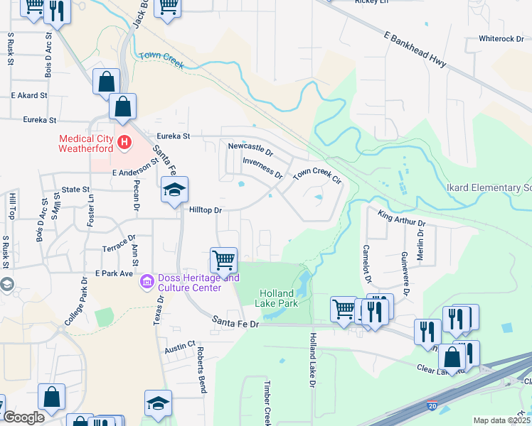 map of restaurants, bars, coffee shops, grocery stores, and more near 980 Hilltop Drive in Weatherford