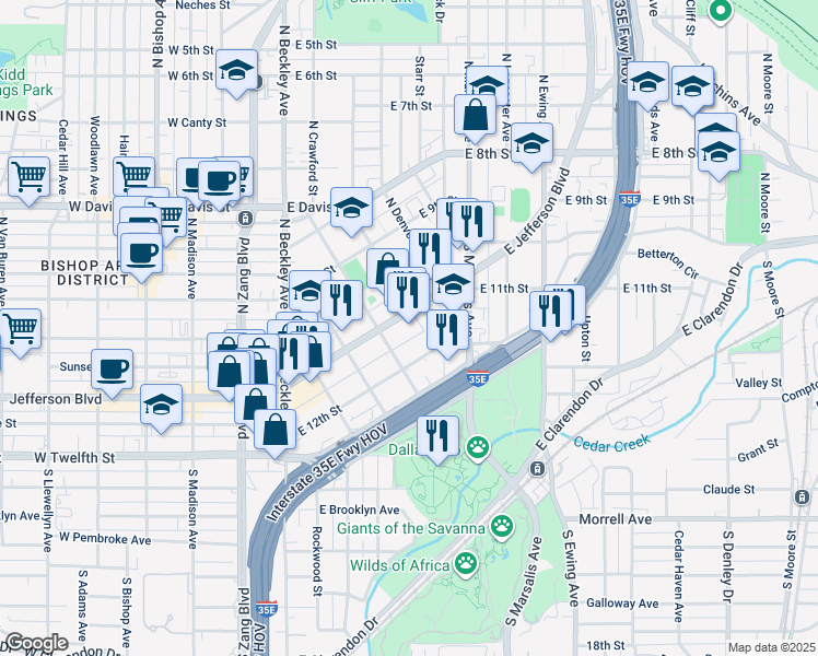 map of restaurants, bars, coffee shops, grocery stores, and more near 409 East 12th Street in Dallas