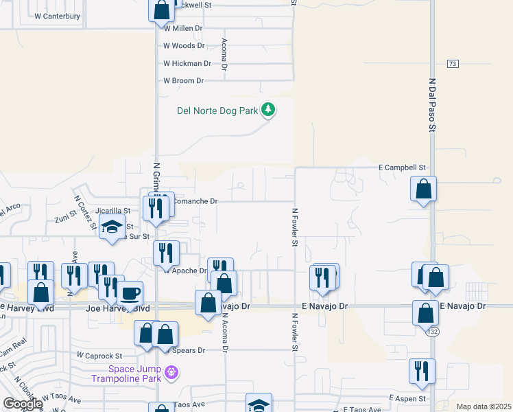 map of restaurants, bars, coffee shops, grocery stores, and more near 223 West Comanche Drive in Hobbs