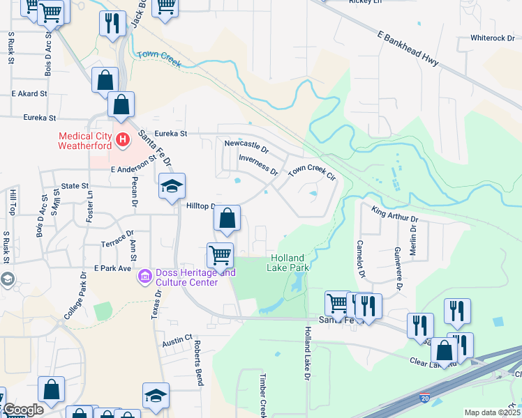 map of restaurants, bars, coffee shops, grocery stores, and more near 980 Hilltop Drive in Weatherford