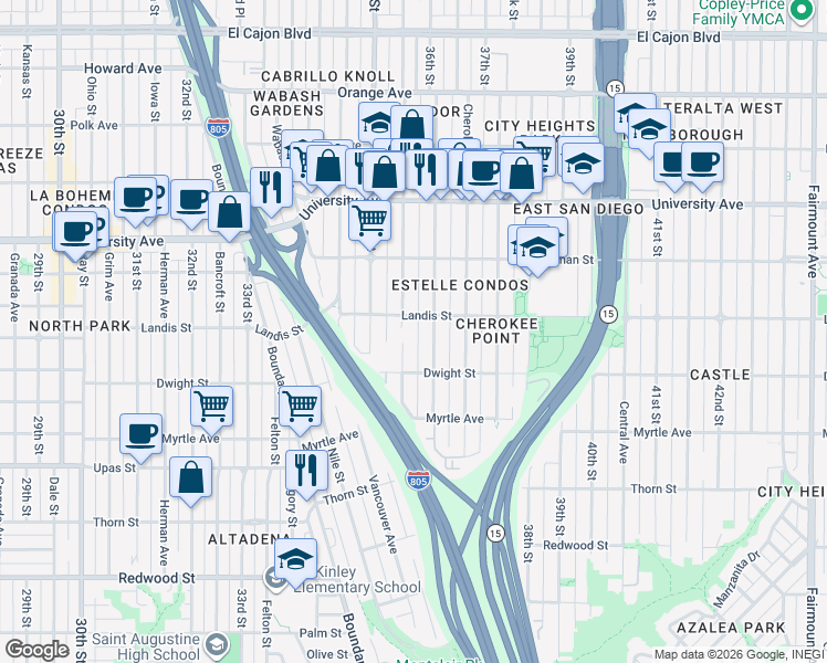 map of restaurants, bars, coffee shops, grocery stores, and more near 3553 Landis Street in San Diego