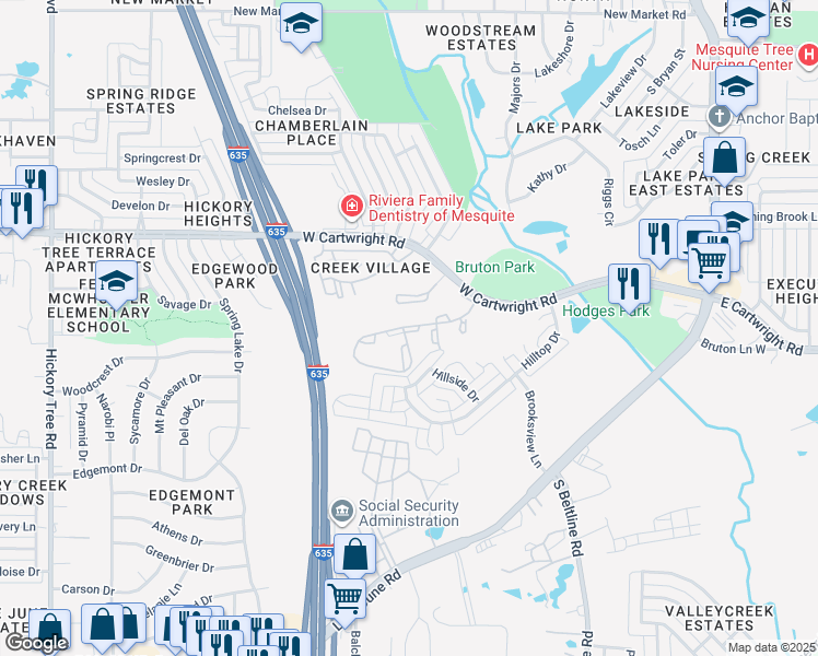 map of restaurants, bars, coffee shops, grocery stores, and more near 500 West Cartwright Road in Mesquite
