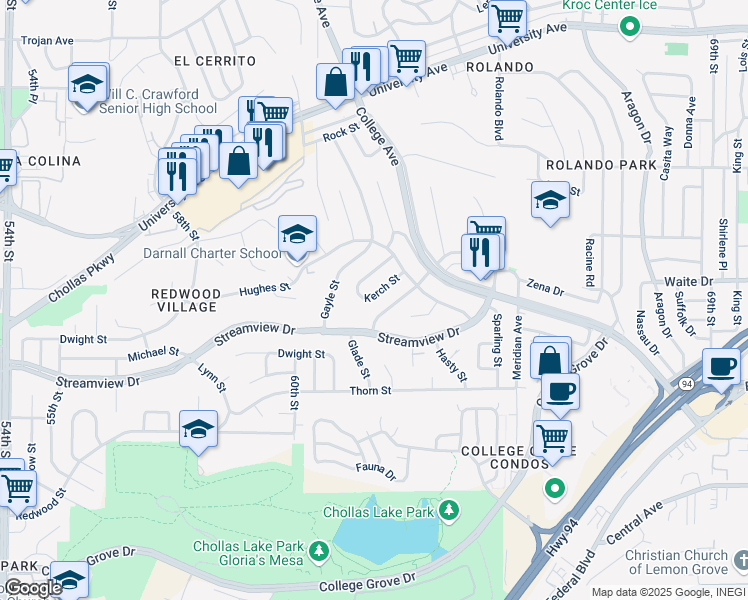 map of restaurants, bars, coffee shops, grocery stores, and more near 6127 Kerch Street in San Diego