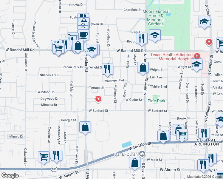 map of restaurants, bars, coffee shops, grocery stores, and more near 808 McKinney Street in Arlington