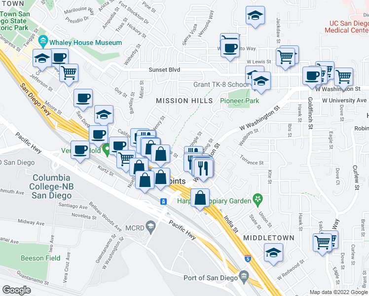 map of restaurants, bars, coffee shops, grocery stores, and more near 1812 Linwood Street in San Diego