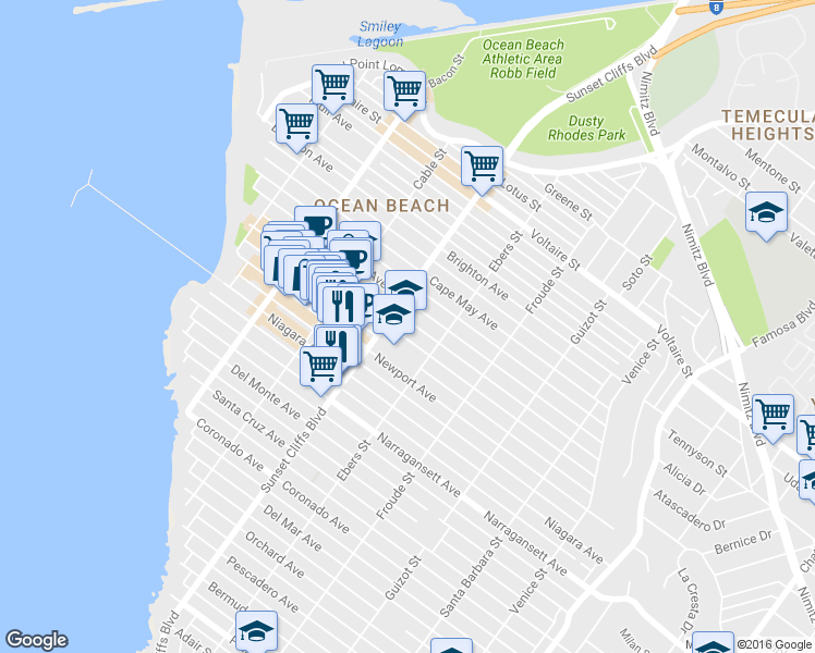 map of restaurants, bars, coffee shops, grocery stores, and more near 4741 Santa Monica Avenue in San Diego