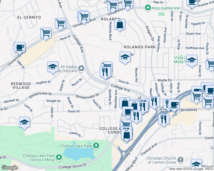 map of restaurants, bars, coffee shops, grocery stores, and more near 3550 Sparling Street in San Diego