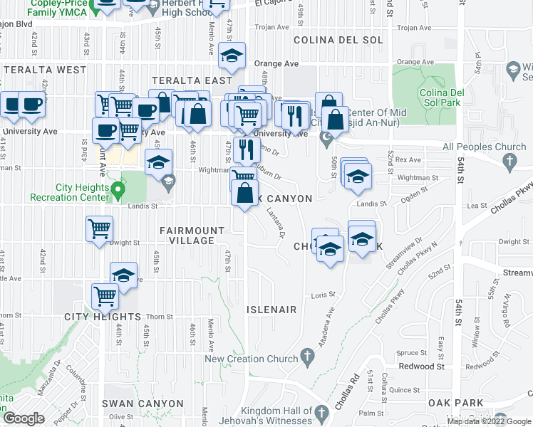 map of restaurants, bars, coffee shops, grocery stores, and more near 4814 Castle Avenue in San Diego