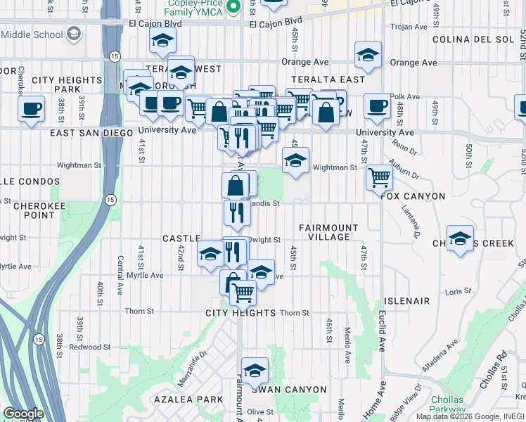map of restaurants, bars, coffee shops, grocery stores, and more near 3654 Highland Avenue in San Diego