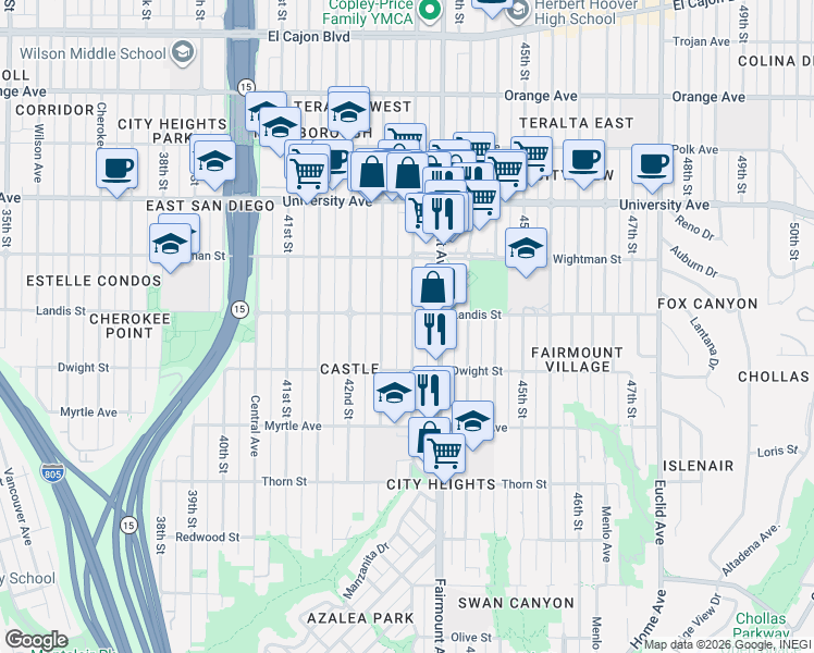 map of restaurants, bars, coffee shops, grocery stores, and more near 3649 43rd Street in San Diego