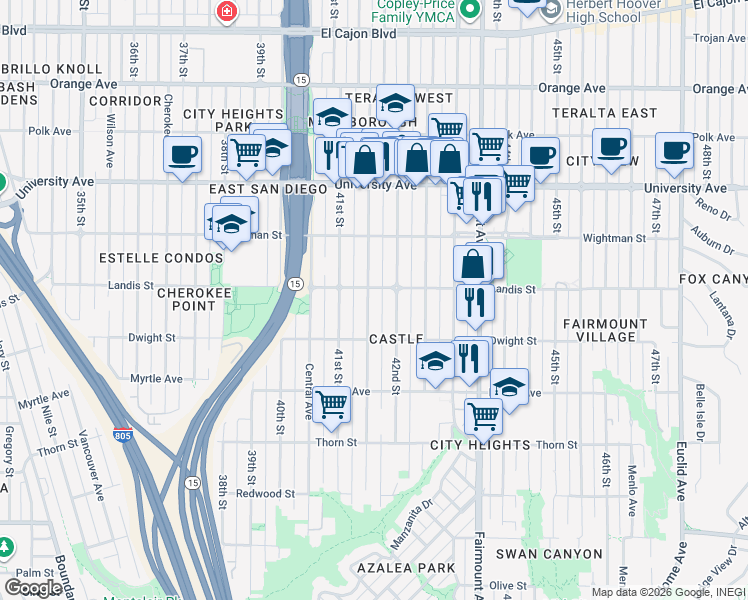 map of restaurants, bars, coffee shops, grocery stores, and more near 3648 42nd Street in San Diego