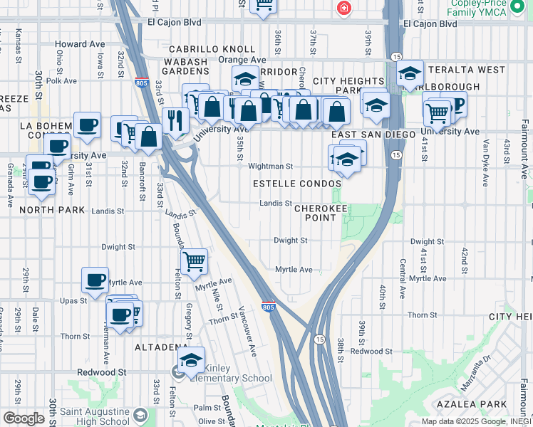 map of restaurants, bars, coffee shops, grocery stores, and more near 3647 Wilson Avenue in San Diego