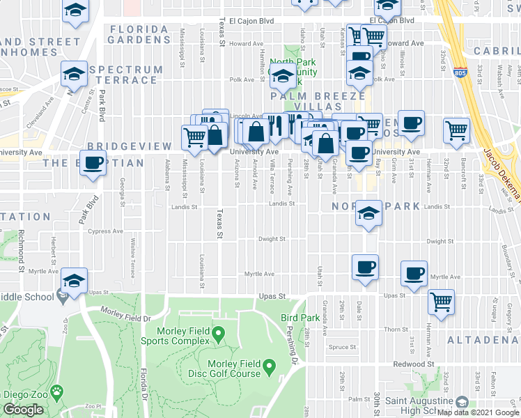 map of restaurants, bars, coffee shops, grocery stores, and more near 3653 Arnold Avenue in San Diego