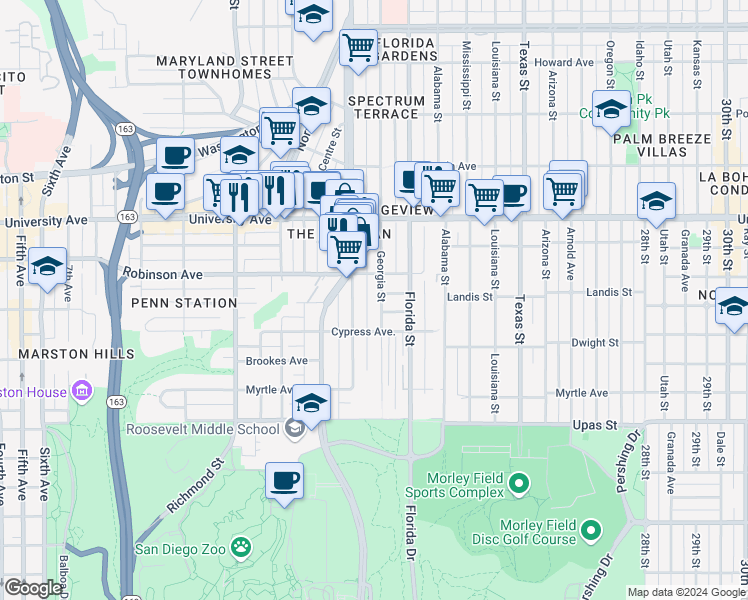 map of restaurants, bars, coffee shops, grocery stores, and more near 6 Crestwood Place in San Diego