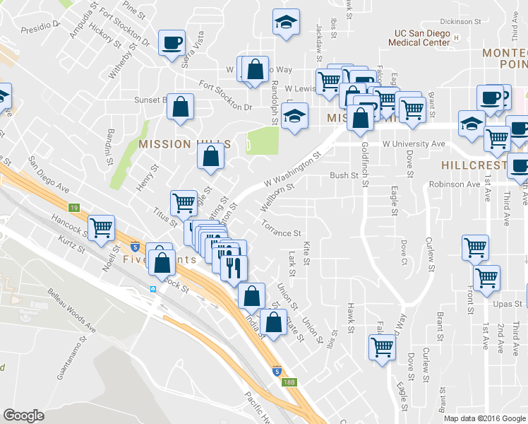 map of restaurants, bars, coffee shops, grocery stores, and more near 1604 Torrance Street in San Diego