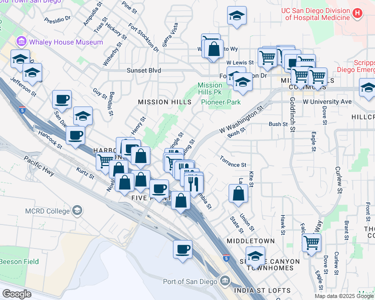 map of restaurants, bars, coffee shops, grocery stores, and more near 1696 Guy Street in San Diego