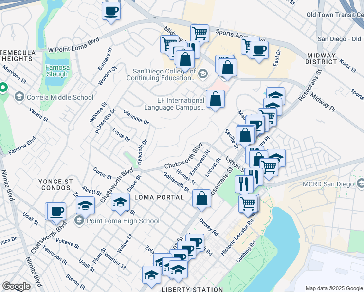 map of restaurants, bars, coffee shops, grocery stores, and more near 3441 Wisteria Drive in San Diego