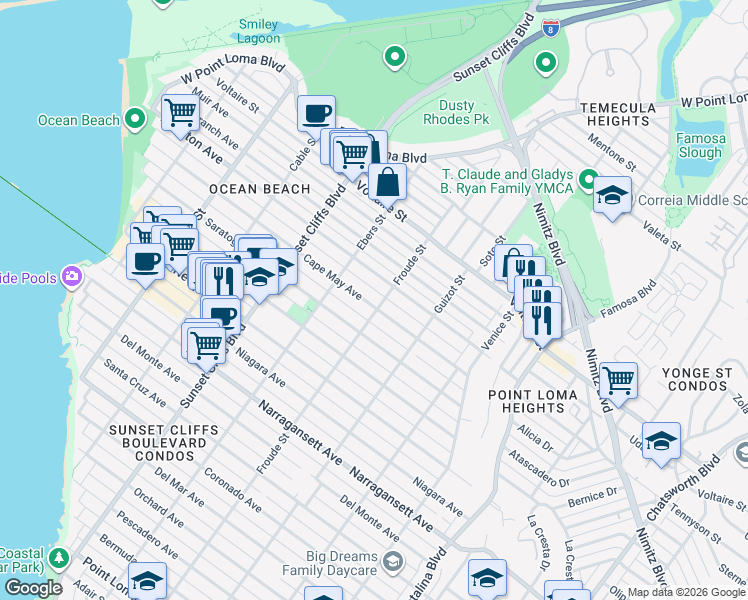 map of restaurants, bars, coffee shops, grocery stores, and more near 4580 Cape May Avenue in San Diego