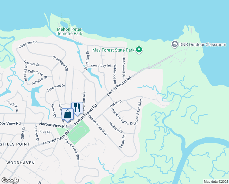 map of restaurants, bars, coffee shops, grocery stores, and more near 782 Bonham Drive in Charleston