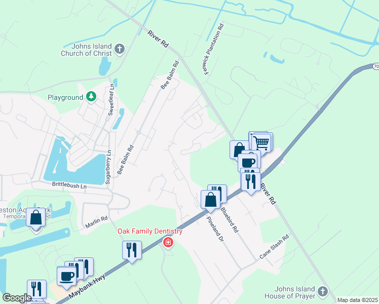 map of restaurants, bars, coffee shops, grocery stores, and more near 8B Stardust Way in Johns Island