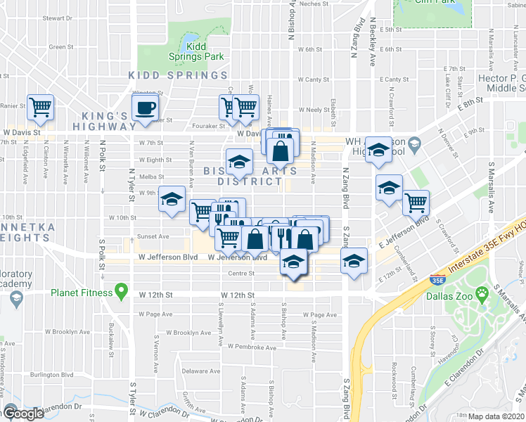 map of restaurants, bars, coffee shops, grocery stores, and more near 424 West 10th Street in Dallas
