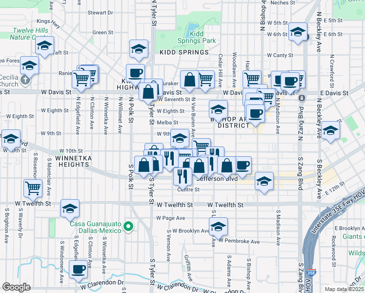 map of restaurants, bars, coffee shops, grocery stores, and more near 738 West 10th Street in Dallas