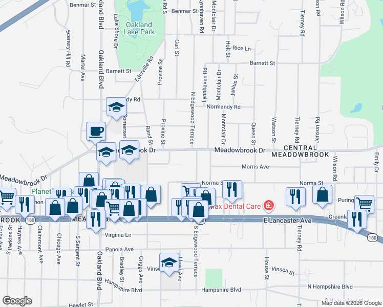 map of restaurants, bars, coffee shops, grocery stores, and more near 2320 North Edgewood Terrace in Fort Worth