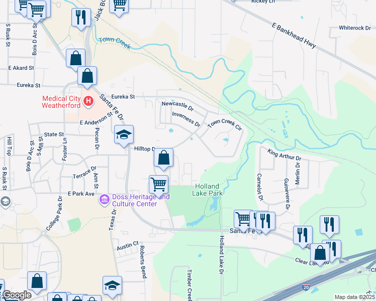 map of restaurants, bars, coffee shops, grocery stores, and more near 980 Hilltop Drive in Weatherford
