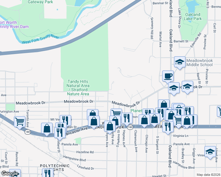 map of restaurants, bars, coffee shops, grocery stores, and more near 2320 Arrowhead Court in Fort Worth