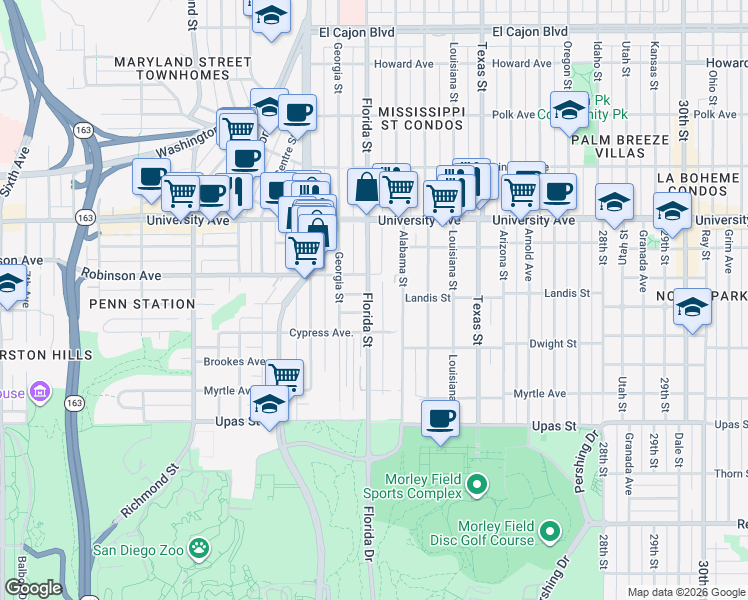 map of restaurants, bars, coffee shops, grocery stores, and more near 3701 Florida Street in San Diego