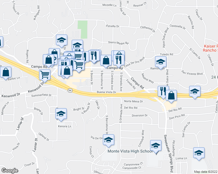 map of restaurants, bars, coffee shops, grocery stores, and more near 3622 South Cordoba Avenue in Spring Valley