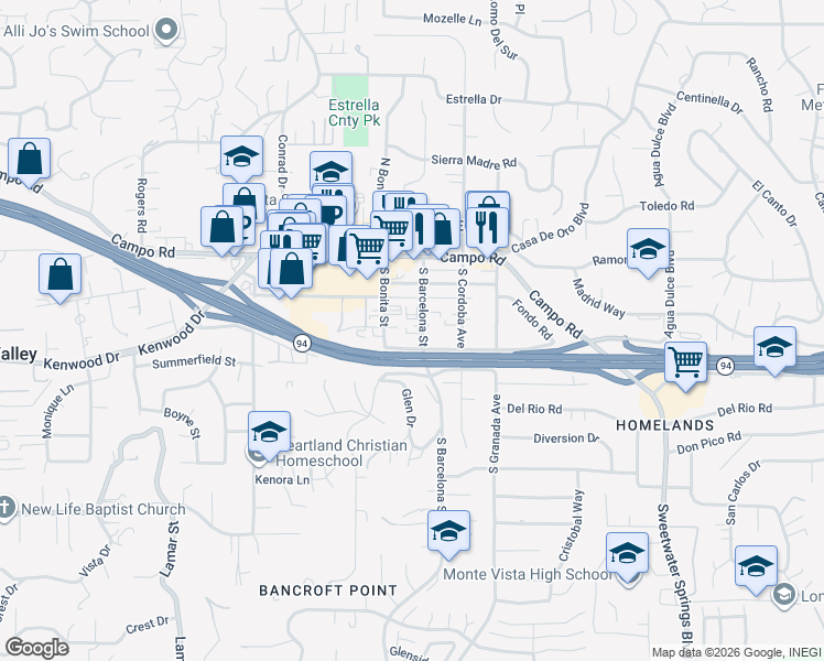map of restaurants, bars, coffee shops, grocery stores, and more near 3605 South Barcelona Street in Spring Valley