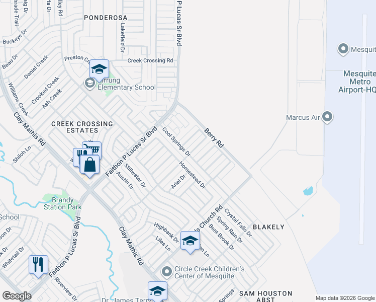 map of restaurants, bars, coffee shops, grocery stores, and more near 2120 Homestead Drive in Mesquite