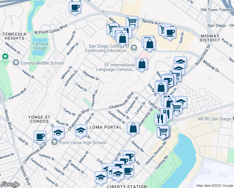 map of restaurants, bars, coffee shops, grocery stores, and more near 3435 Wisteria Drive in San Diego