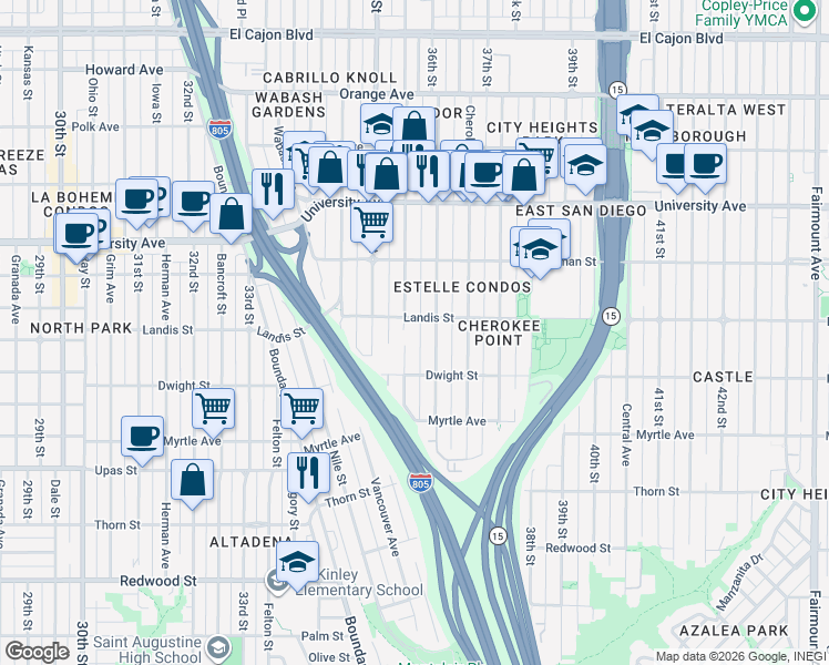 map of restaurants, bars, coffee shops, grocery stores, and more near 3647 Wilson Avenue in San Diego