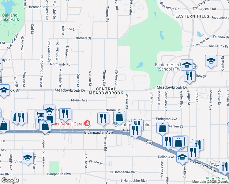 map of restaurants, bars, coffee shops, grocery stores, and more near 2309 Jenson Circle in Fort Worth