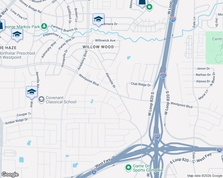 map of restaurants, bars, coffee shops, grocery stores, and more near 1308 Alemeda Street in Fort Worth