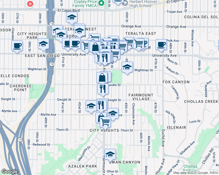 map of restaurants, bars, coffee shops, grocery stores, and more near 3645 Fairmount Avenue in San Diego