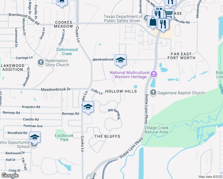 map of restaurants, bars, coffee shops, grocery stores, and more near 8056 Colbi Lane in Fort Worth